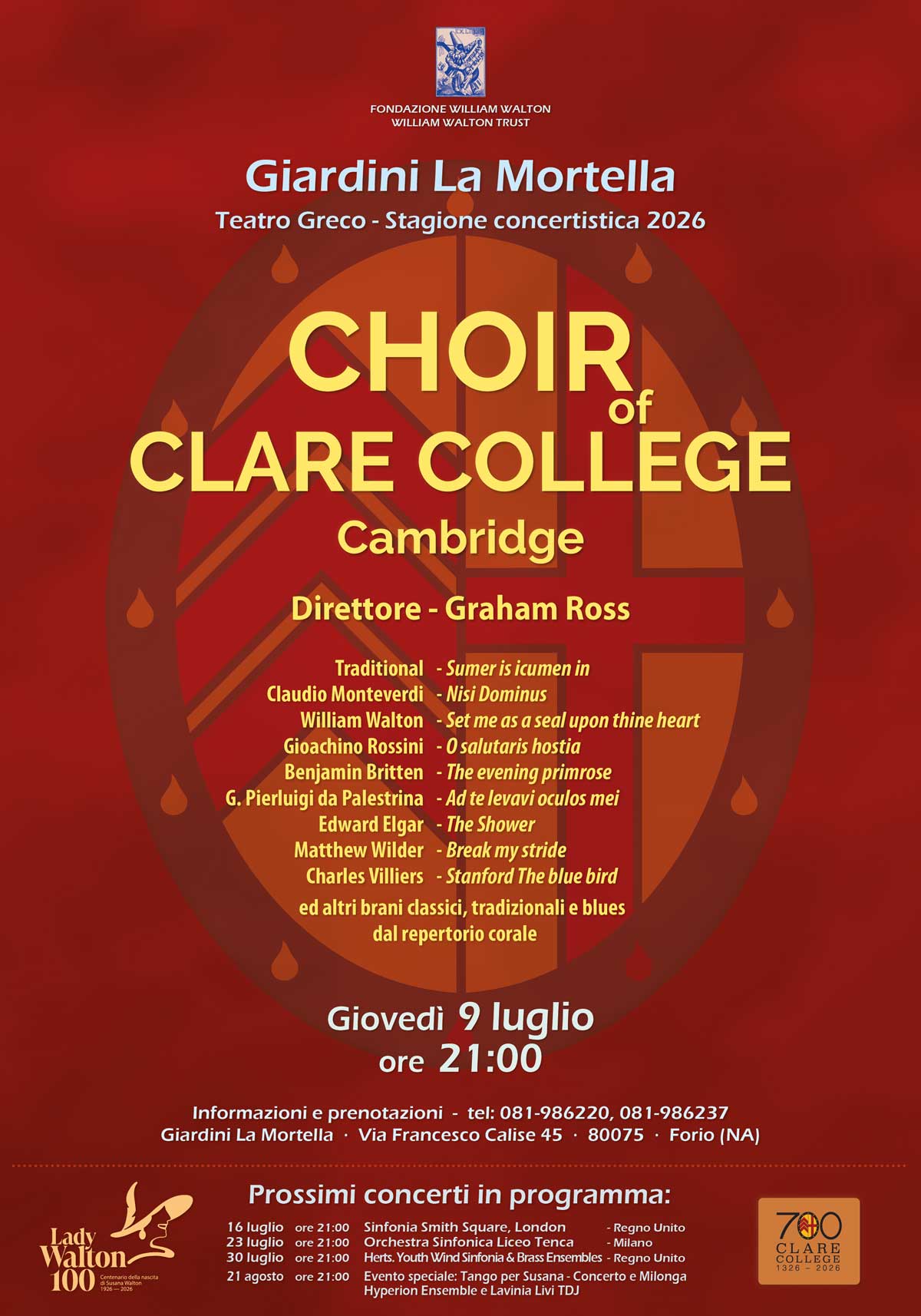 Giovedi 9 luglio 2026 ore 21:00 - Choir of Clare College, Cambridge (Regno Unito)